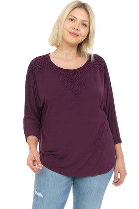 Round Neck 3/4 Sleeve Crochet Neck Top