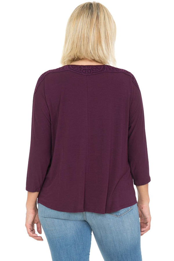 Round Neck 3/4 Sleeve Crochet Neck Top