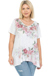 Women and Plus Size Multi. Floral High-Low Hem V Neck Short Sleeve Print Top