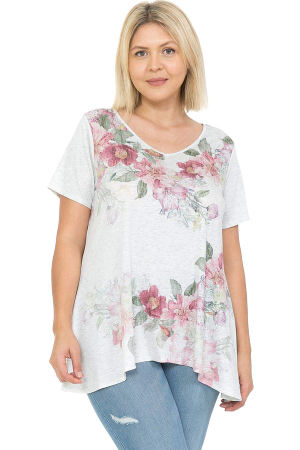 Women and Plus Size Multi. Floral High-Low Hem V Neck Short Sleeve Print Top