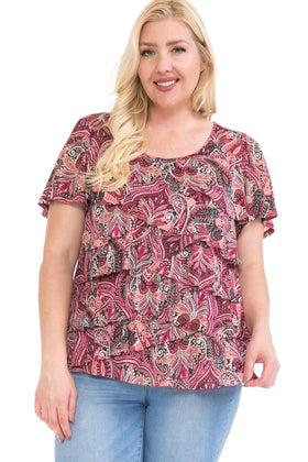 Women and Plus Size Printed Mesh Crew Neck Short Sleeve Ruffle Top