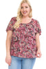 Women and Plus Size Printed Mesh Crew Neck Short Sleeve Ruffle Top