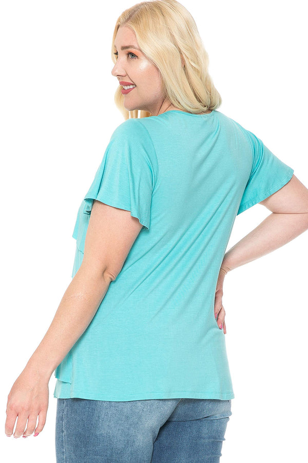 Plus Size V-Neck Short Sleeve Ruffle  Top