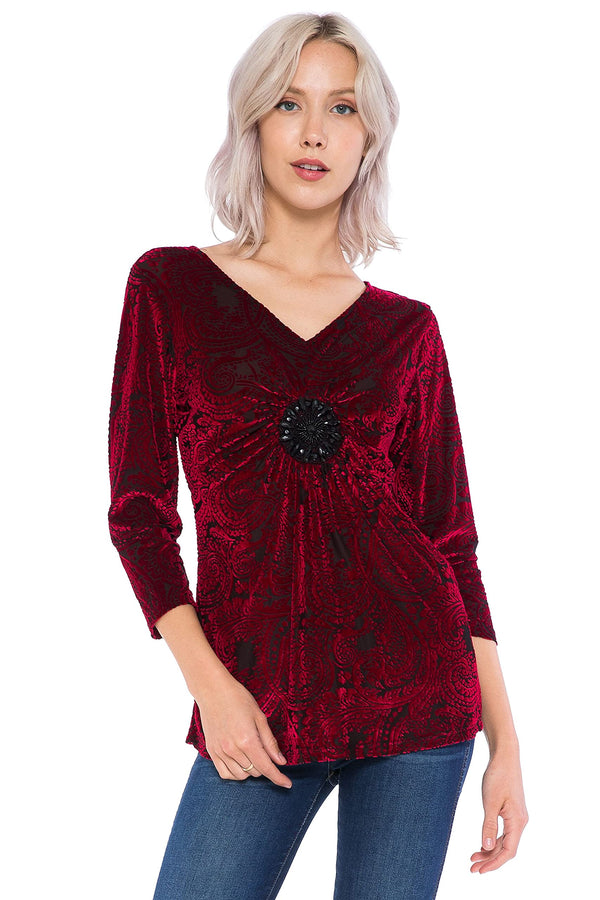 Women and Plus Size Red Burn Out Velvet Medallion Top