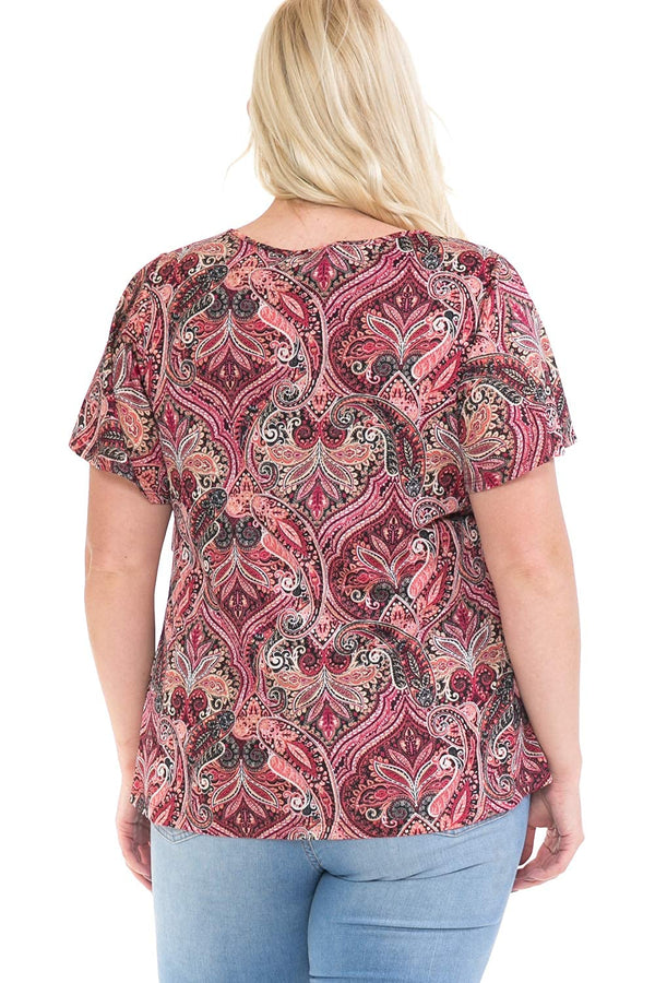Women and Plus Size Printed Mesh Crew Neck Short Sleeve Ruffle Top
