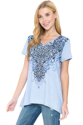 Plus Size Navy Paisley High-Low Hem V-Neck Short Sleeve Print Top