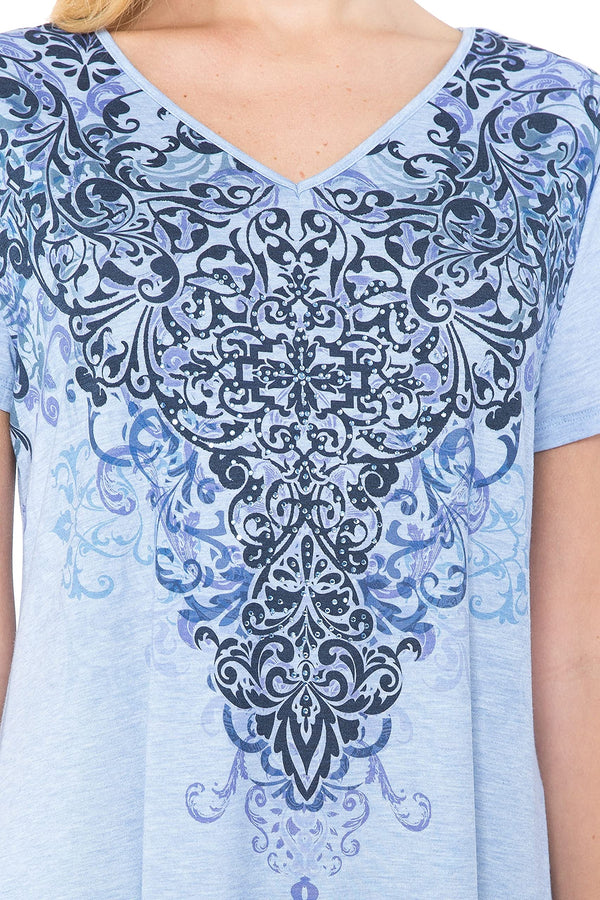 Plus Size Navy Paisley High-Low Hem V-Neck Short Sleeve Print Top