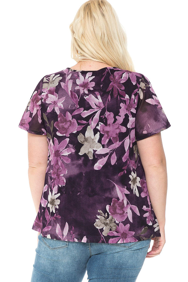 Women and Plus Size Printed Mesh V-Neck Short Sleeve Ruffle Top