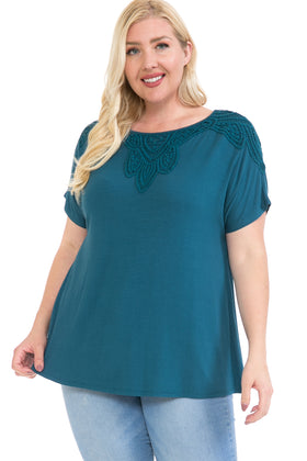 Plus Size Round Neck Short Sleeve Crochet Neck Top