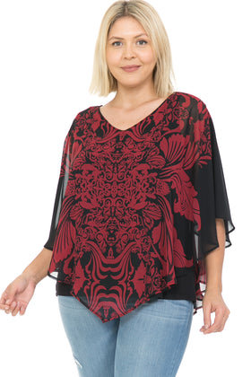 Plus Size Tank Attached  Chiffon Print Poncho Blouse