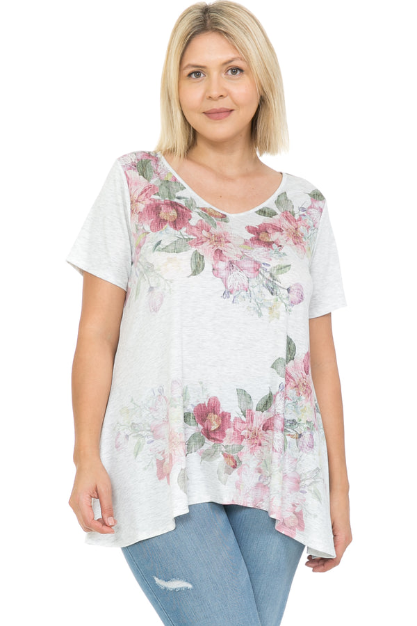 Women's Mauve Floral High-Low Hem V-Neck Short Sleeve Print Top