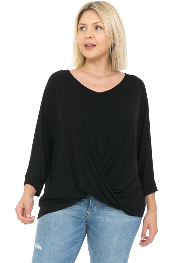 V-Neck Twist Front 3/4 Sleeve Top