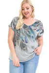 Women's Feather Print V-Neck Dolman Short Sleeve Top