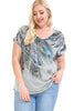 Women and Plus Size Feather Print V-Neck Dolman Short Sleeve Top