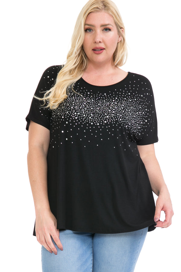 Crew Neck Studded Short Sleeve Swing Top