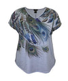 Women's Feather Print V-Neck Dolman Short Sleeve Top