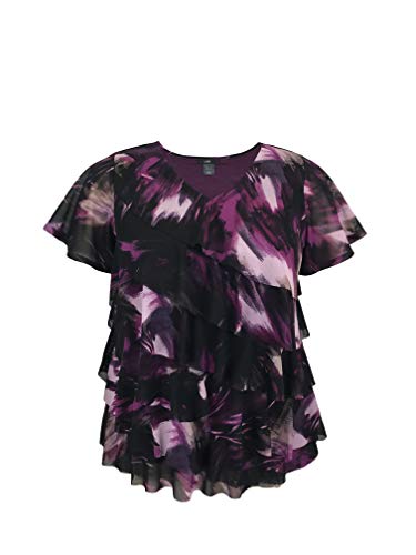 Women's Printed Mesh V-Neck Short Sleeve Ruffle Top