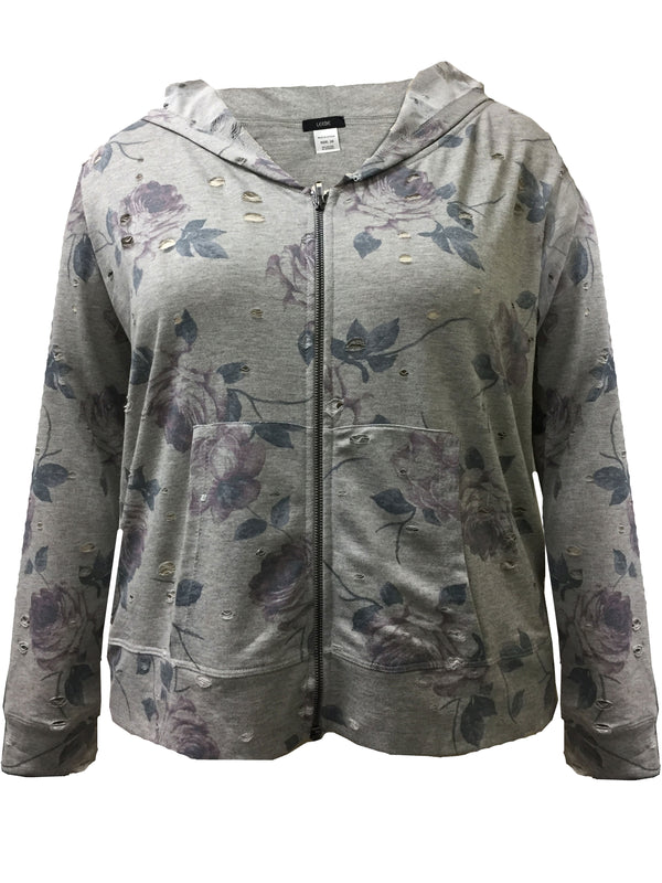 Distressed Floral Zip Up Hoodie