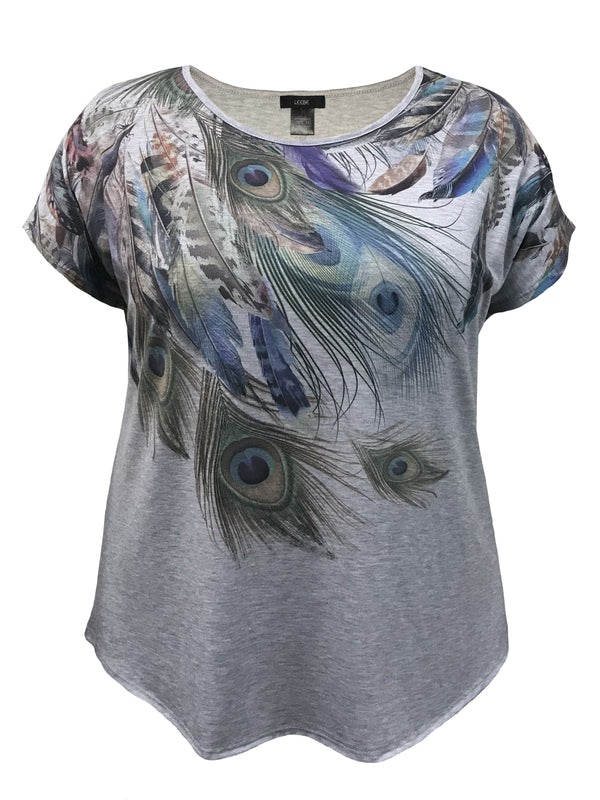 Women's Feather Print Crew-Neck Dolman Short Sleeve Top