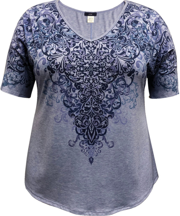 Mid-Length Sleeve Indigo Necklace Print Top