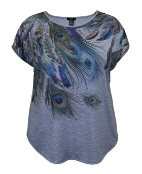 Women and Plus Size Feather Print Crew-Neck Dolman Short Sleeve Top