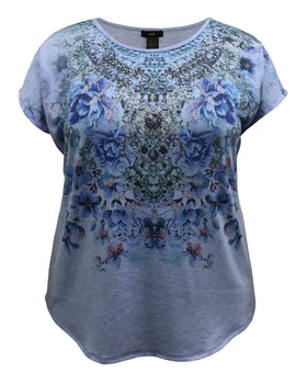 Plus Size Necklace Crew Neck Dolman Short Sleeve Print Top