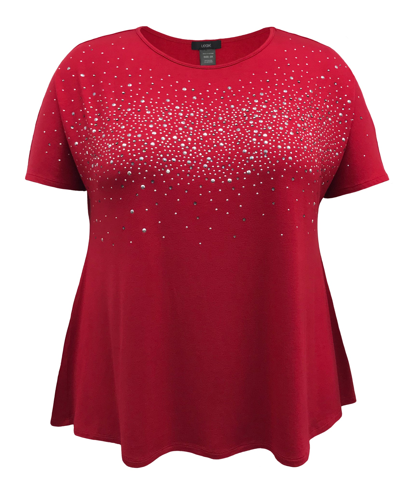 【ULLALA】Plan short sleeve women's fair red Crew Neck Studded Short Sleeve Swing Top | Leebe
