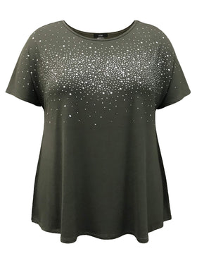 Plus Size Round Neck Studded Short Dolman Sleeve Top