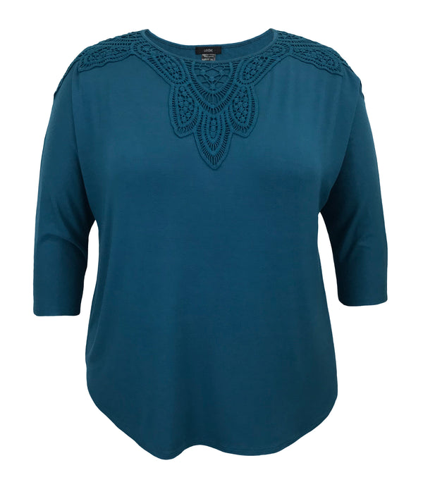 Round Neck 3/4 Sleeve Crochet Shoulder Top