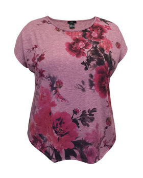Plus Size Mauve Floral Crew-Neck Dolman Short Sleeve Top