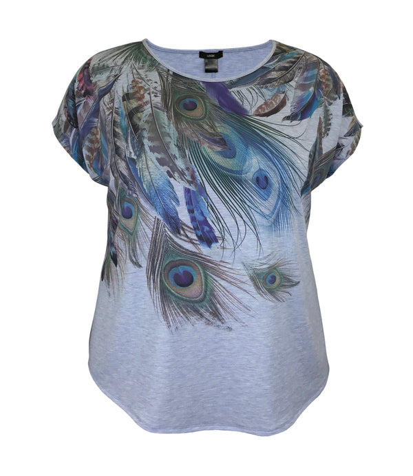 Women's Feather Print Crew-Neck Dolman Short Sleeve Top