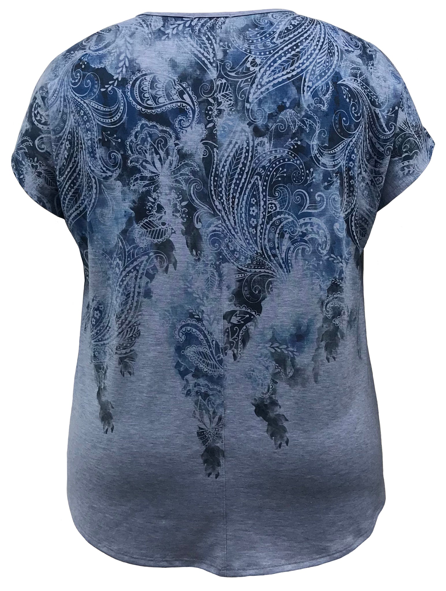 Water Color Blue Paisley V-Neck Dolman Short Sleeve Print Top | Leebe