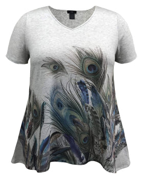 Plus Size Feather High-Low V-Neck Short Sleeve Print Top