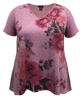 Women and Plus Size Mauve Floral High-Low Hem V-Neck Short Sleeve Print Top