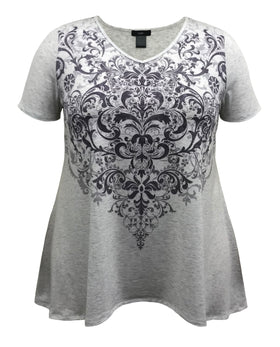 Women and Plus Size Paisley High-Low Hem V-Neck Short Sleeve Print Top