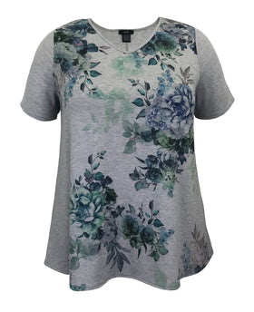 Teal Floral Swing V-Neck Short Sleeve Print Top