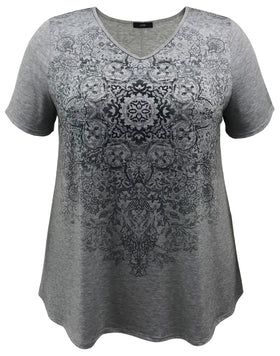 Medallion V-Neck Swing Short Sleeve Print Top