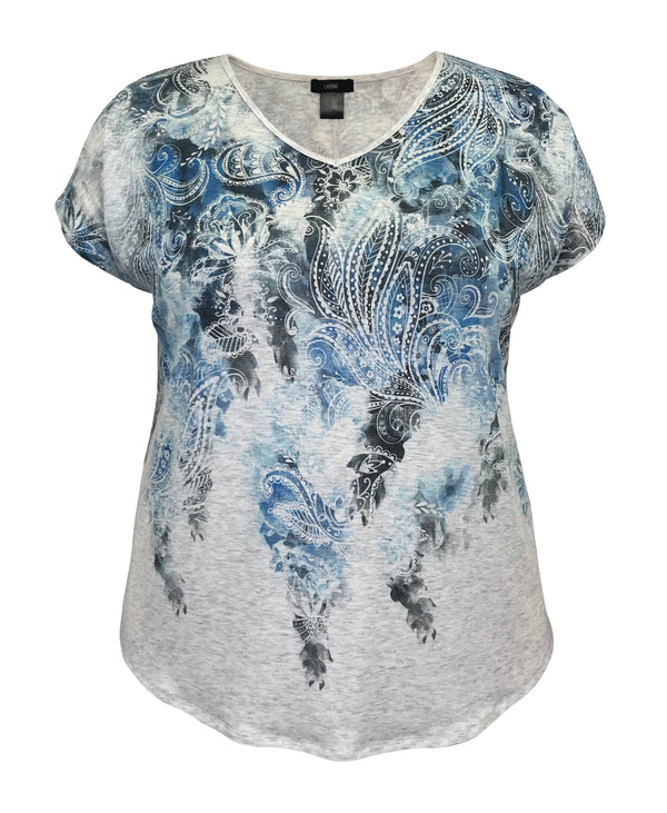 Water Color Blue Paisley V-Neck Dolman Short Sleeve Print Top