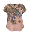 Women's Feather Print V-Neck Dolman Short Sleeve Top