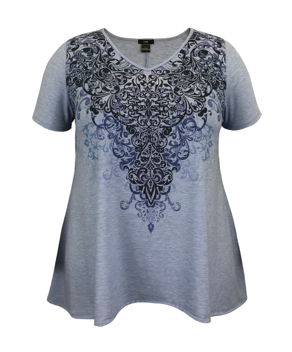 Women's Navy Paisley High-Low Hem V-Neck Short Sleeve Print Top