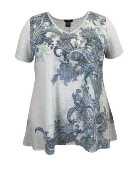 Women and Plus Size Teal Paisley High-Low V Neck Short Sleeve Print Top