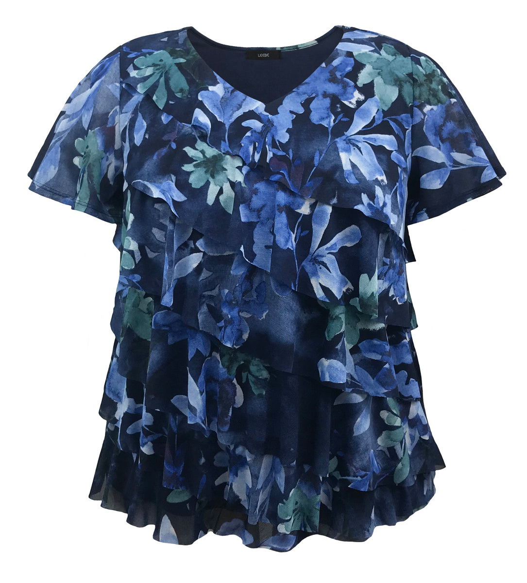 Women and Plus Size Printed Mesh V-Neck Short Sleeve Ruffle Top | Leebe