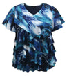 Women's Printed Mesh V-Neck Short Sleeve Ruffle Top