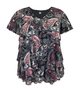 Women's Printed Mesh V-Neck Short Sleeve Ruffle Top