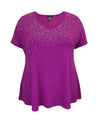 Women's V Neck Studded Short Sleeve Swing Top