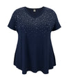 Women's V Neck Studded Short Sleeve Swing Top