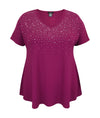 Women's V Neck Studded Short Sleeve Swing Top