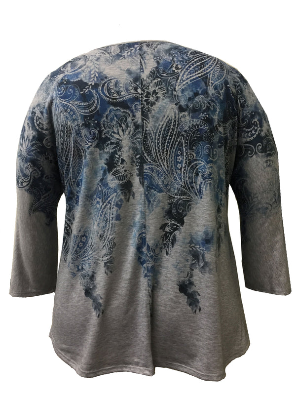 Blue Paisley 3/4 Sleeve Crew Neck Print Top