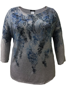 Blue Paisley 3/4 Sleeve Crew Neck Print Top