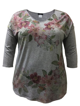 Multi. Floral 3/4 Sleeve V-Neck Print Top